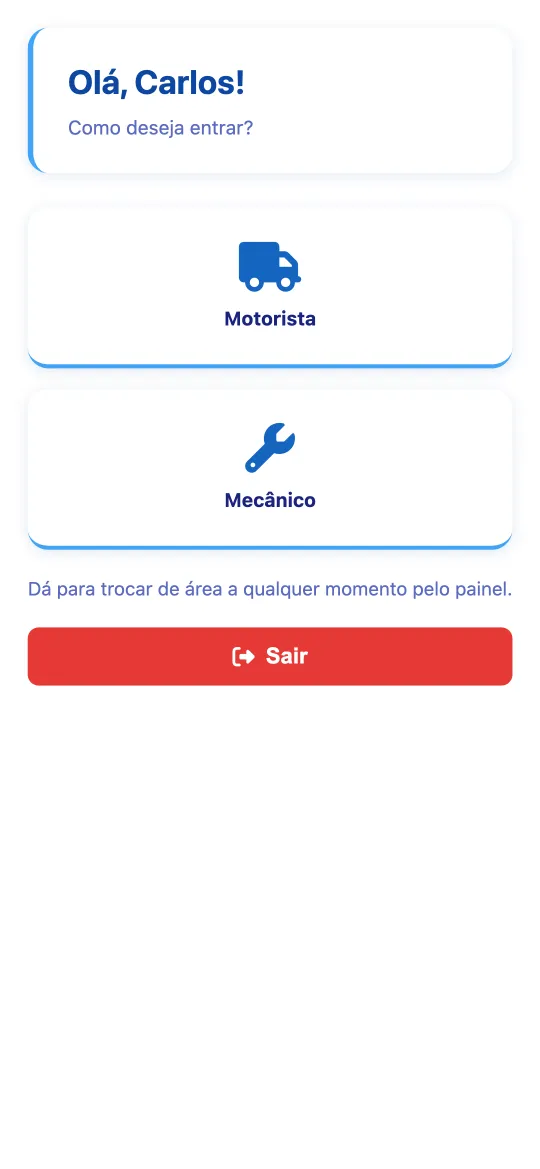 Tela de escolha de perfil do aplicativo: motorista ou mecânico