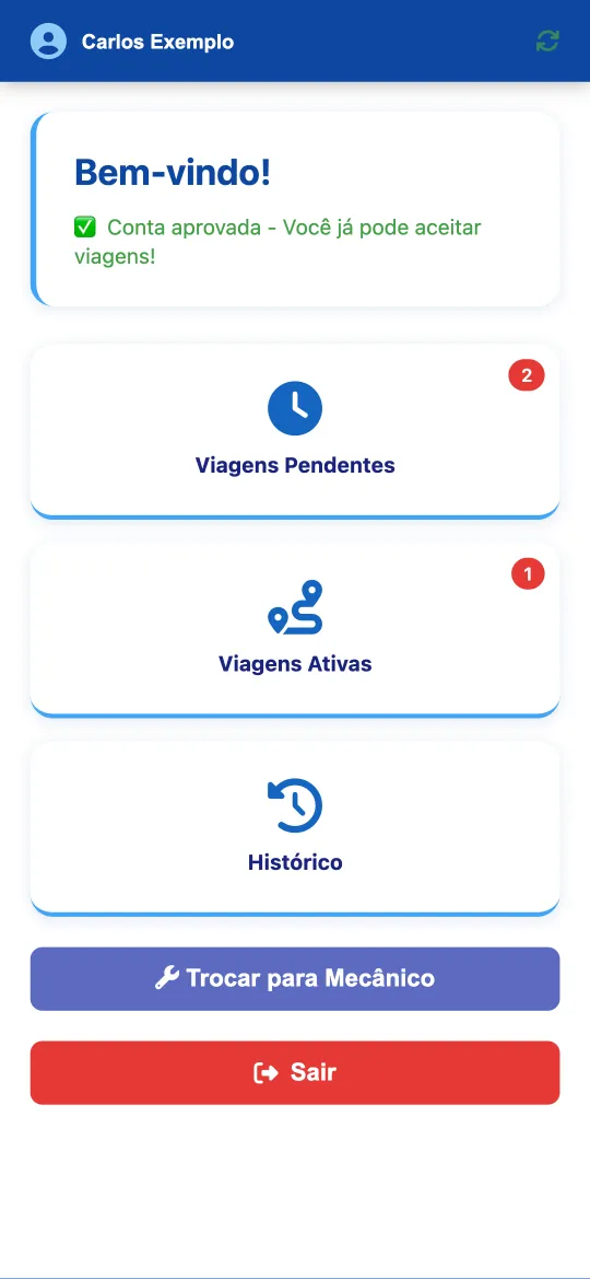 Aplicativo do motorista com viagens pendentes, ativas e histórico