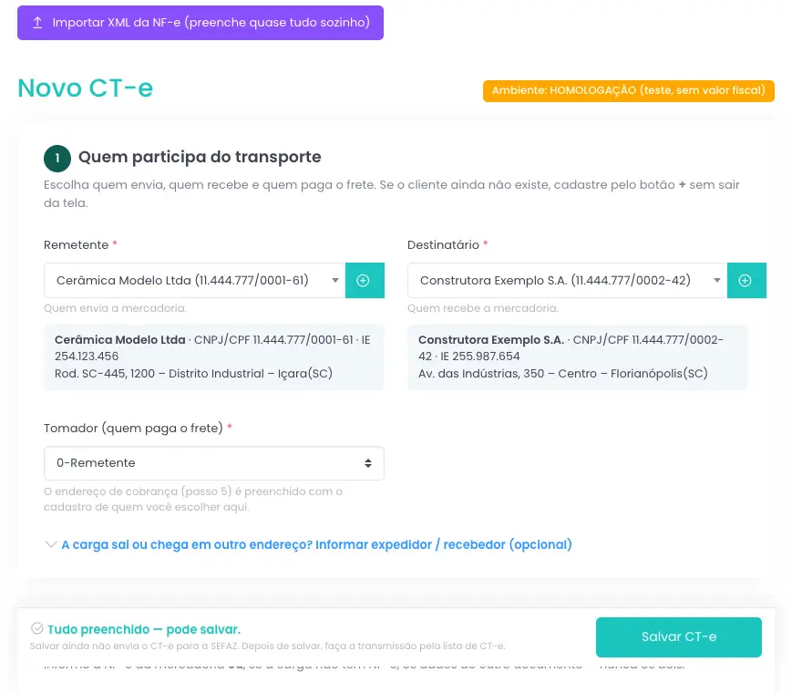 Tela Novo CT-e com o botão de importar XML da NF-e e os participantes do transporte